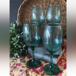 4 Vintage Cristar‎ Translucent Turquoise Blue /Green Stemmed Wine Glasses EC.
